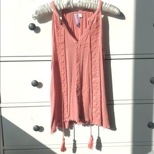 Blush pink tank top with fun embroidery & tassels
